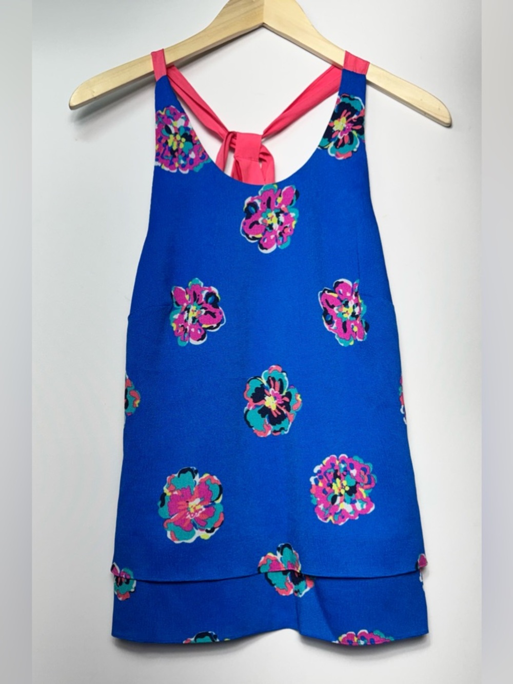 Lilly Pulitzer Blue Floral Pink Ribbon Halter Neck Tank Top Sz XS